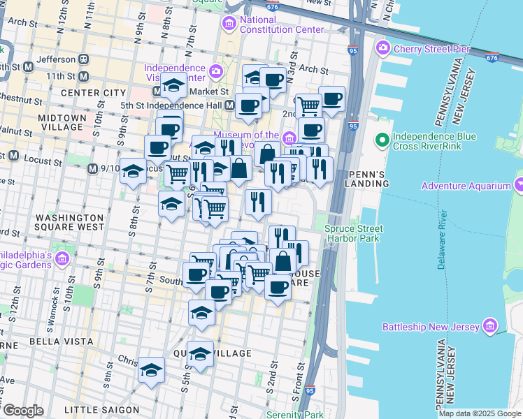 map of restaurants, bars, coffee shops, grocery stores, and more near 256 1/2 South 3rd Street in Philadelphia