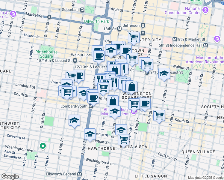 map of restaurants, bars, coffee shops, grocery stores, and more near 1214 Pine Street in Philadelphia