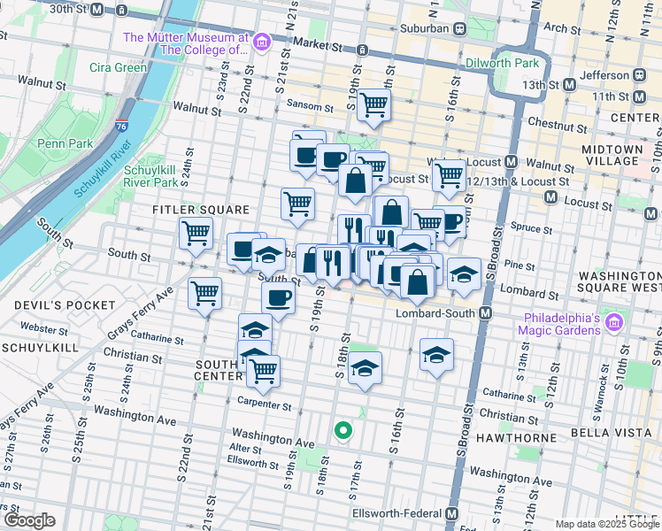 map of restaurants, bars, coffee shops, grocery stores, and more near 1800 Lombard Street in Philadelphia