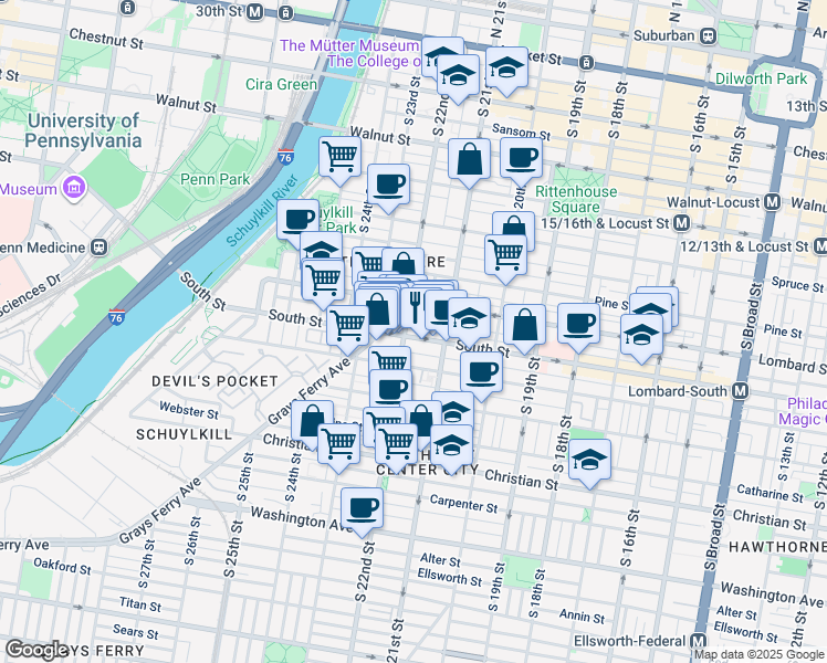 map of restaurants, bars, coffee shops, grocery stores, and more near in Philadelphia