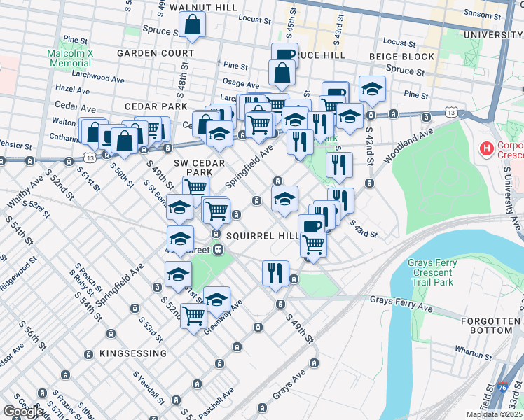 map of restaurants, bars, coffee shops, grocery stores, and more near 1128 South 47th Street in Philadelphia