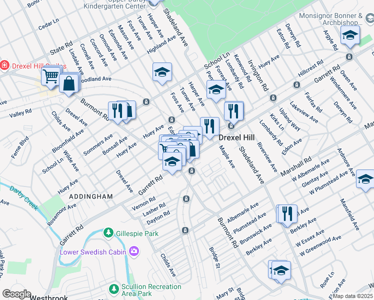 map of restaurants, bars, coffee shops, grocery stores, and more near 3708 Berry Avenue in Drexel Hill