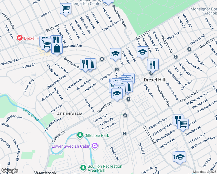 map of restaurants, bars, coffee shops, grocery stores, and more near 433 Burmont Road in Drexel Hill