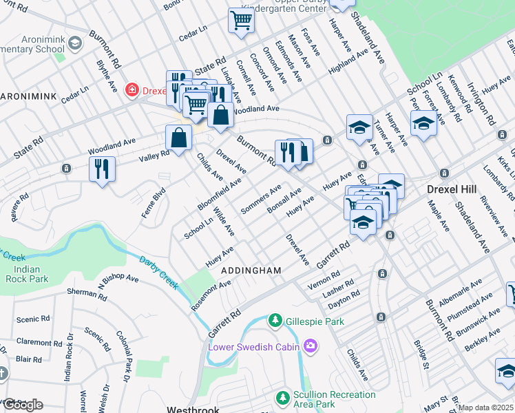 map of restaurants, bars, coffee shops, grocery stores, and more near 4108 Sommers Avenue in Drexel Hill