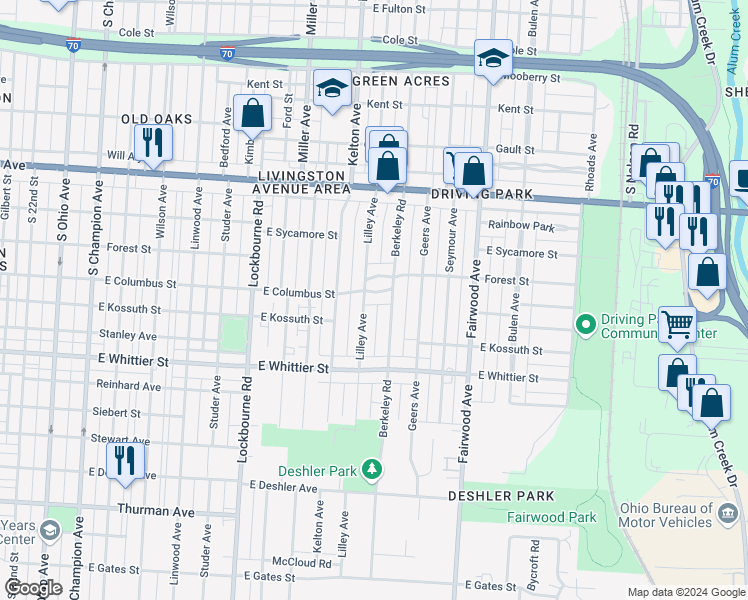 map of restaurants, bars, coffee shops, grocery stores, and more near 1051 Lilley Avenue in Columbus