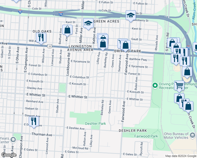 map of restaurants, bars, coffee shops, grocery stores, and more near 1051 Lilley Avenue in Columbus
