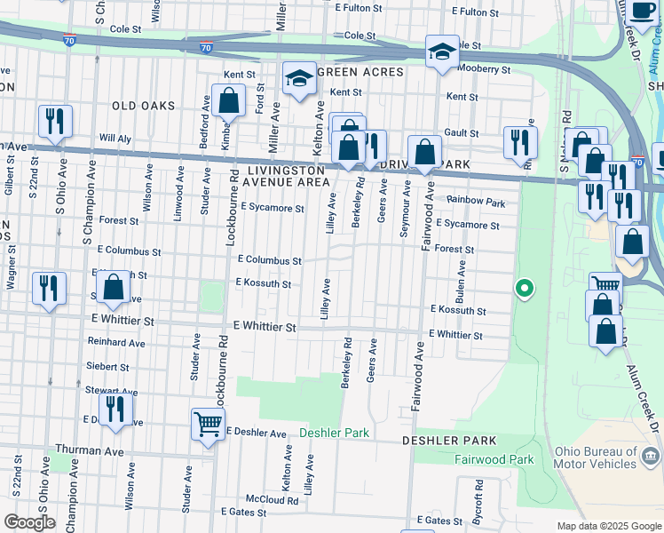 map of restaurants, bars, coffee shops, grocery stores, and more near 1051 Lilley Avenue in Columbus