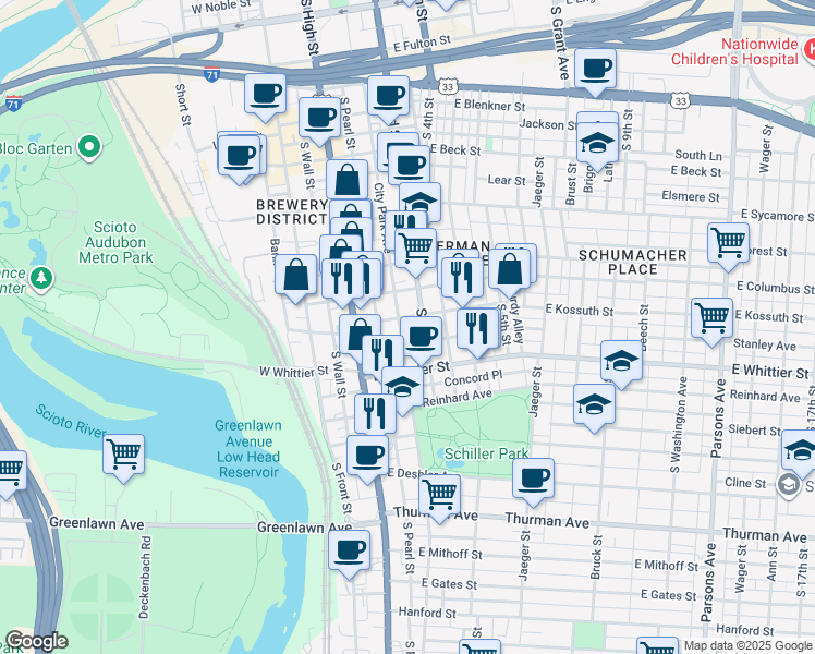 map of restaurants, bars, coffee shops, grocery stores, and more near 849 South 3rd Street in Columbus