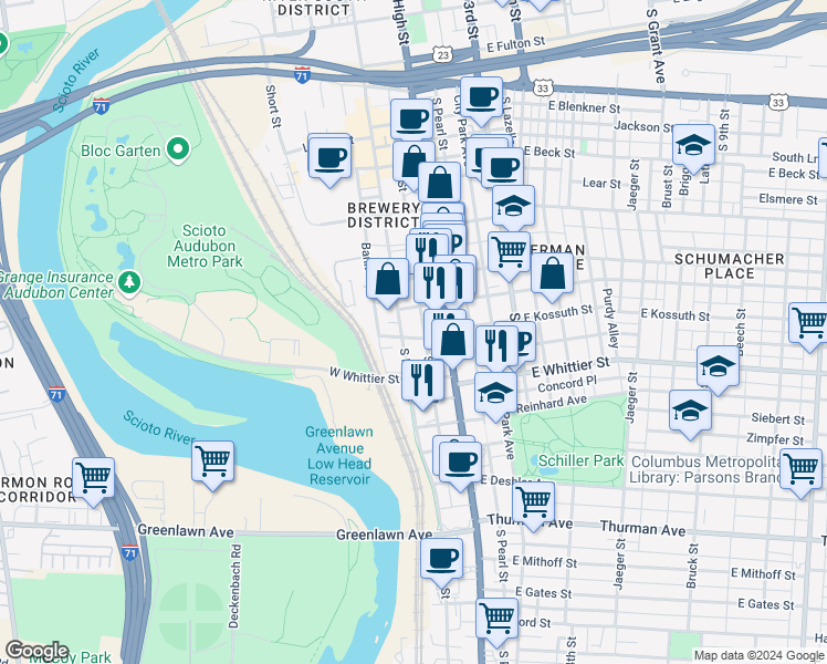 map of restaurants, bars, coffee shops, grocery stores, and more near 21 West Kossuth Street in Columbus
