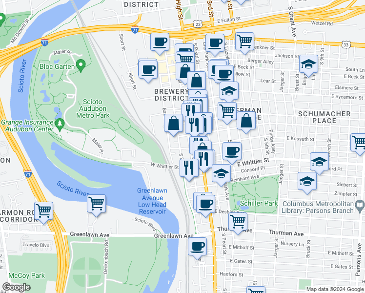 map of restaurants, bars, coffee shops, grocery stores, and more near 829 South Front Street in Columbus