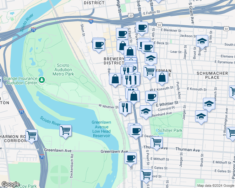 map of restaurants, bars, coffee shops, grocery stores, and more near 829 South Front Street in Columbus