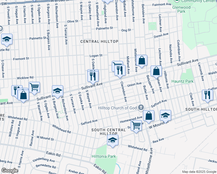 map of restaurants, bars, coffee shops, grocery stores, and more near 496s South Wheatland Avenue in Columbus