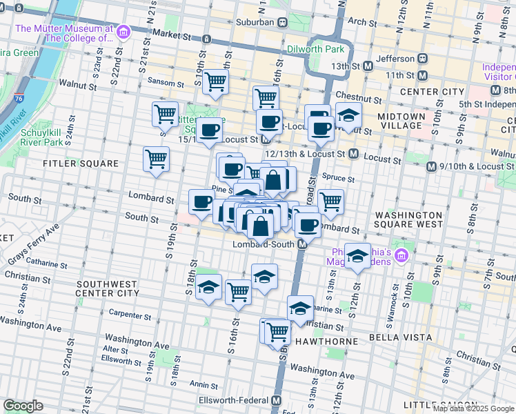 map of restaurants, bars, coffee shops, grocery stores, and more near 1523 Lombard Street in Philadelphia