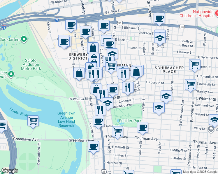 map of restaurants, bars, coffee shops, grocery stores, and more near 849 South 3rd Street in Columbus