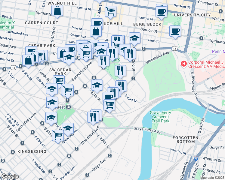 map of restaurants, bars, coffee shops, grocery stores, and more near 1220 South Melville Street in Philadelphia