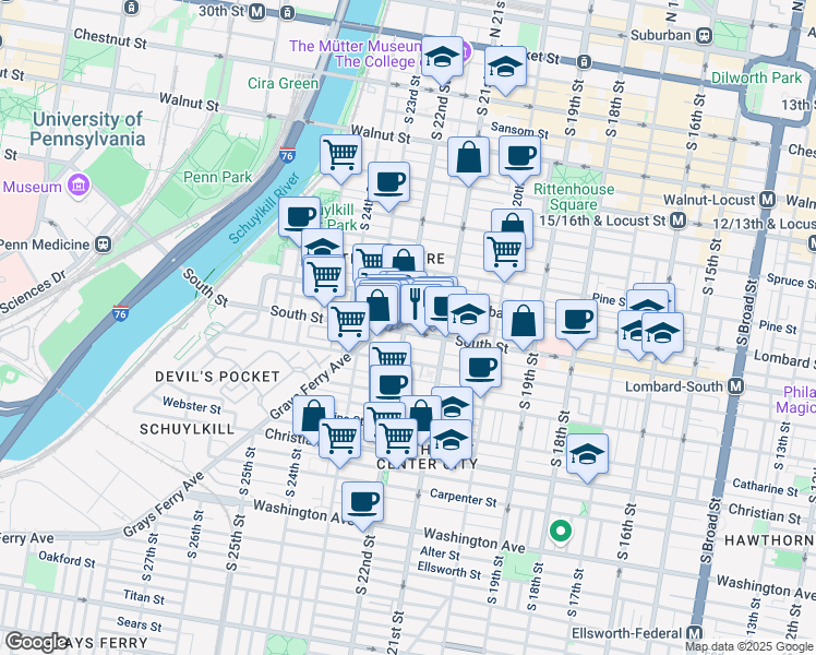 map of restaurants, bars, coffee shops, grocery stores, and more near 2131 South Street in Philadelphia