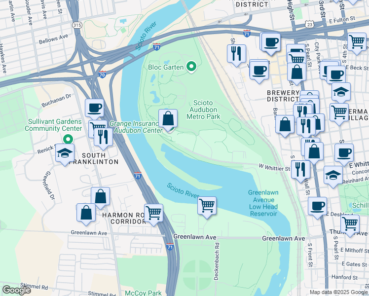 map of restaurants, bars, coffee shops, grocery stores, and more near 440 West Whittier Street in Columbus