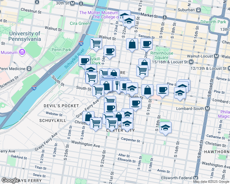 map of restaurants, bars, coffee shops, grocery stores, and more near 2131 South Street in Philadelphia