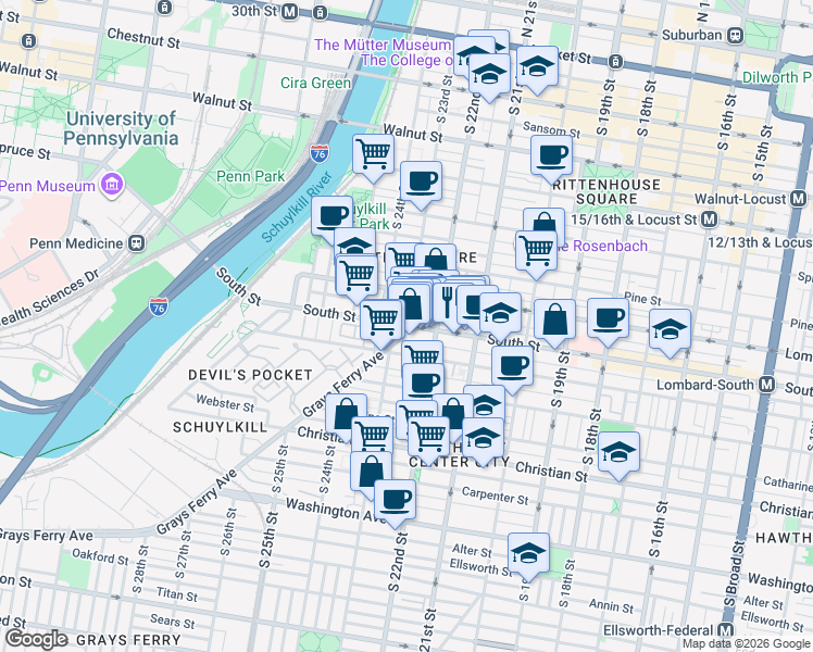 map of restaurants, bars, coffee shops, grocery stores, and more near 602 South 23rd Street in Philadelphia