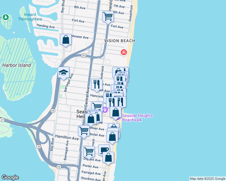 map of restaurants, bars, coffee shops, grocery stores, and more near 28 Fremont Avenue in Seaside Heights