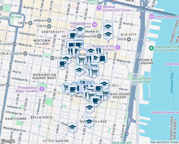 map of restaurants, bars, coffee shops, grocery stores, and more near 528 Manning Walk in Philadelphia