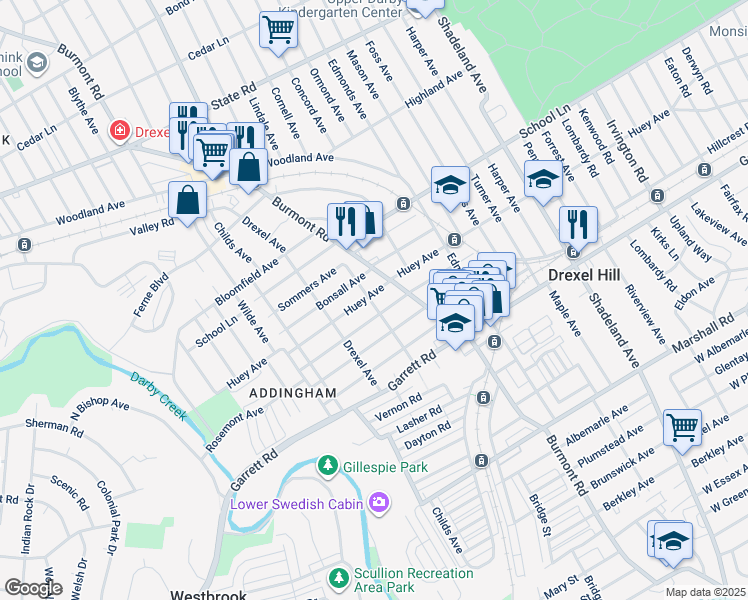 map of restaurants, bars, coffee shops, grocery stores, and more near 3820 Huey Avenue in Upper Darby