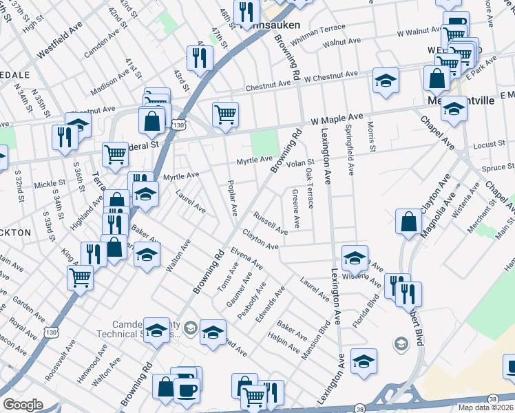 map of restaurants, bars, coffee shops, grocery stores, and more near 5010 Russell Avenue in Pennsauken Township