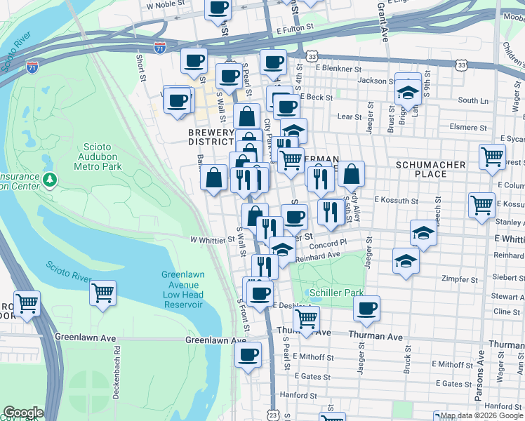 map of restaurants, bars, coffee shops, grocery stores, and more near 835 South Pearl Street in Columbus