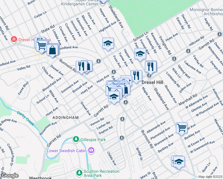 map of restaurants, bars, coffee shops, grocery stores, and more near 3720 Rosemont Avenue in Drexel Hill