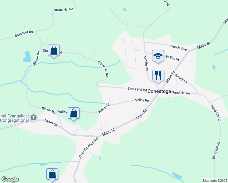 map of restaurants, bars, coffee shops, grocery stores, and more near 196 Stone Hill Road in Conestoga