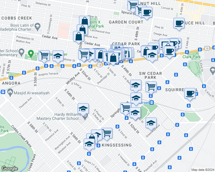 map of restaurants, bars, coffee shops, grocery stores, and more near 902 South 51st Street in Philadelphia
