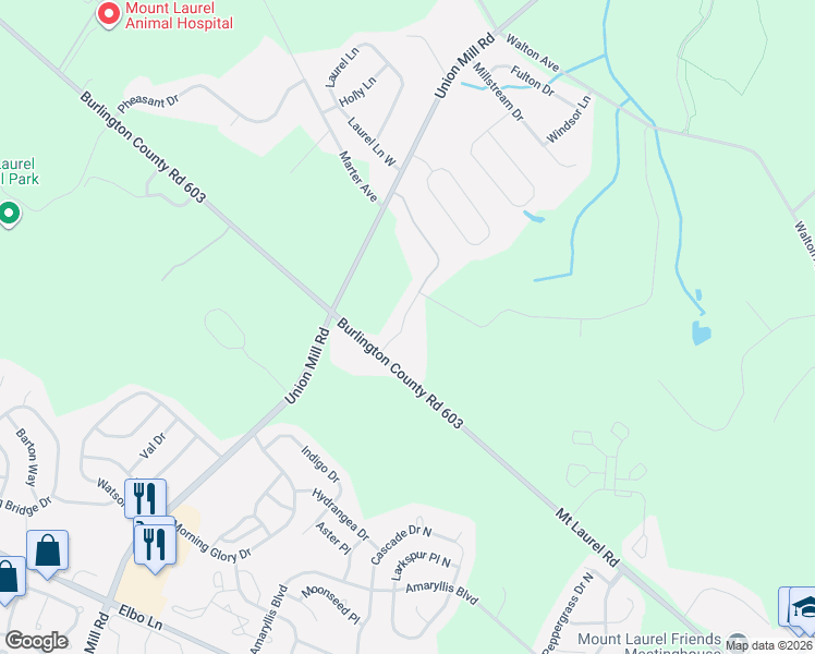 map of restaurants, bars, coffee shops, grocery stores, and more near 8 Wood View Drive in Mount Laurel Township