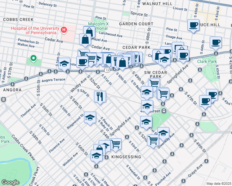 map of restaurants, bars, coffee shops, grocery stores, and more near 900 South 51st Street in Philadelphia