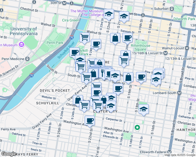 map of restaurants, bars, coffee shops, grocery stores, and more near 2211 South Street in Philadelphia