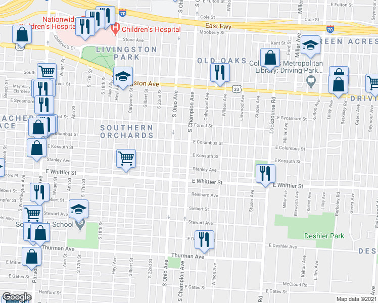 map of restaurants, bars, coffee shops, grocery stores, and more near 960 South Champion Avenue in Columbus