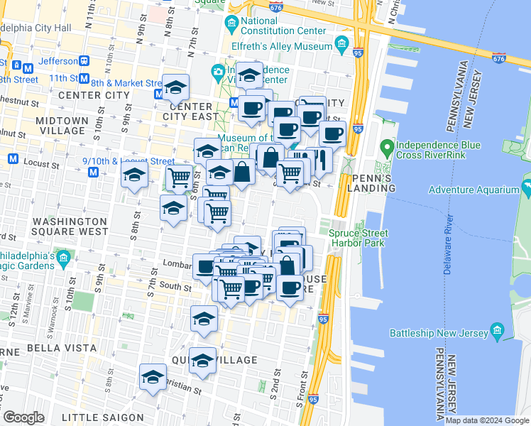 map of restaurants, bars, coffee shops, grocery stores, and more near 304 Spruce Street in Philadelphia