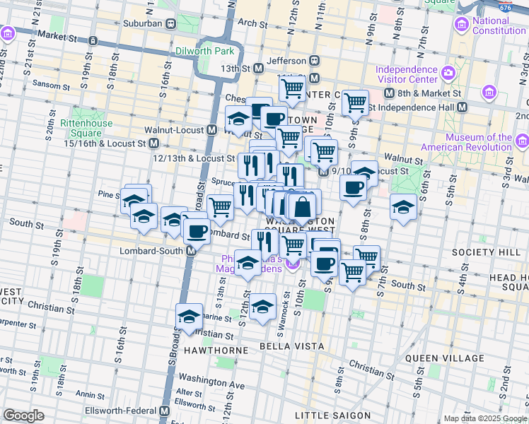 map of restaurants, bars, coffee shops, grocery stores, and more near 333 South 12th Street in Philadelphia