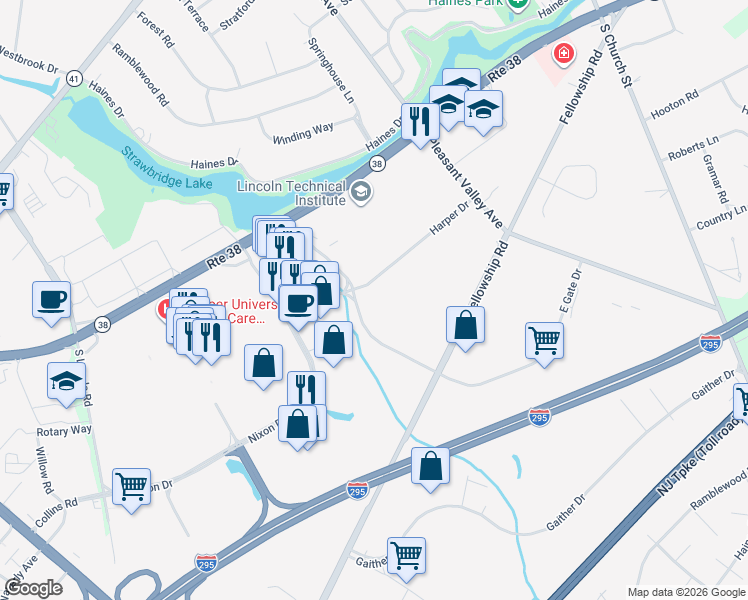 map of restaurants, bars, coffee shops, grocery stores, and more near 308 Harper Drive in Moorestown