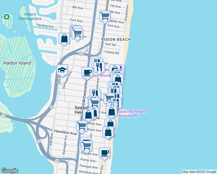 map of restaurants, bars, coffee shops, grocery stores, and more near 34 Fremont Avenue in Seaside Heights