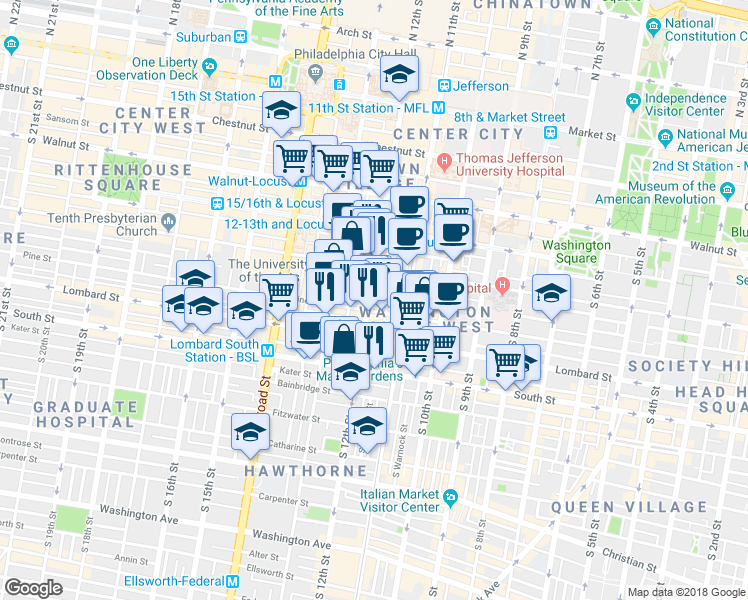 map of restaurants, bars, coffee shops, grocery stores, and more near 333 South 12th Street in Philadelphia