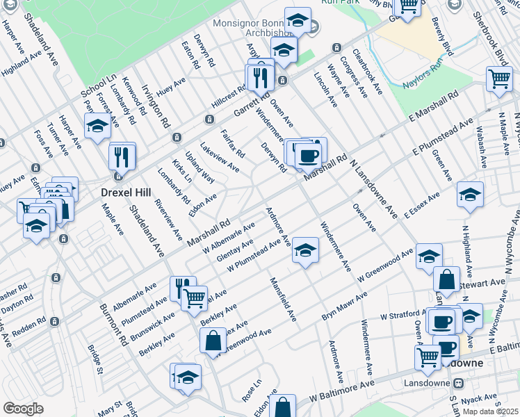 map of restaurants, bars, coffee shops, grocery stores, and more near 96 Marshall Road in Lansdowne