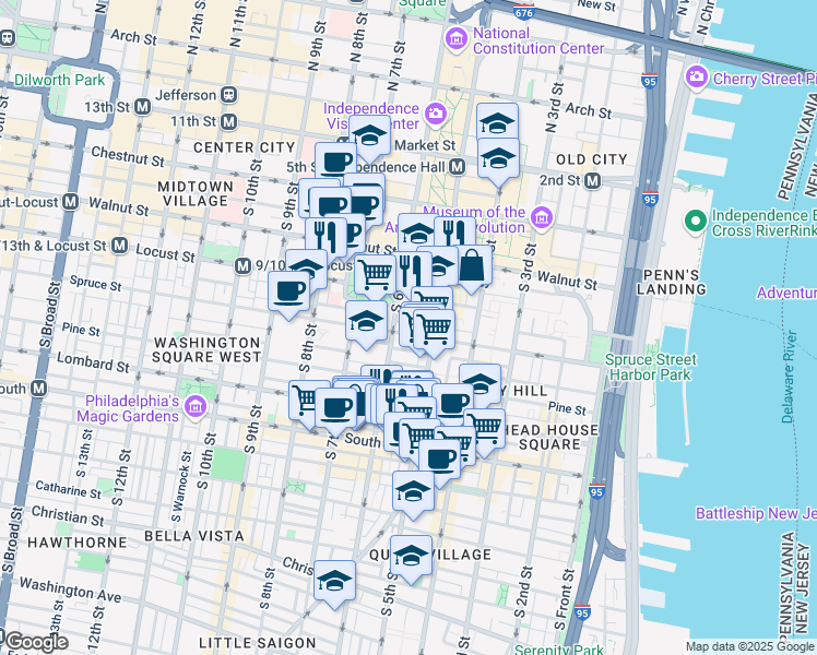 map of restaurants, bars, coffee shops, grocery stores, and more near 528 Manning Walk in Philadelphia