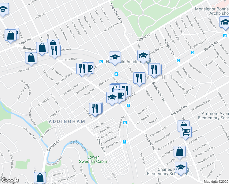 map of restaurants, bars, coffee shops, grocery stores, and more near 3720 Rosemont Avenue in Drexel Hill