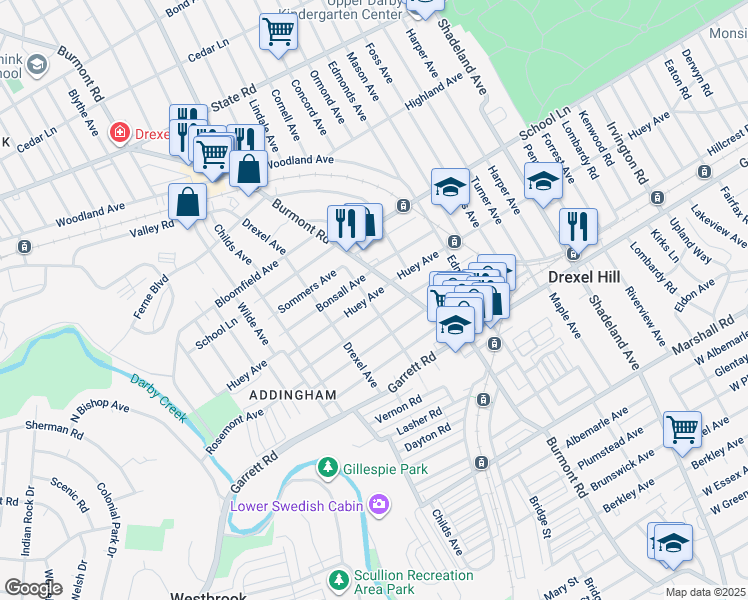 map of restaurants, bars, coffee shops, grocery stores, and more near 3820 Huey Avenue in Upper Darby