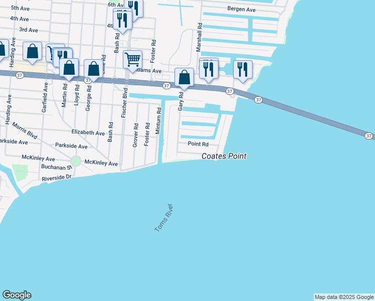 map of restaurants, bars, coffee shops, grocery stores, and more near 40 Bay Shore Drive in Toms River