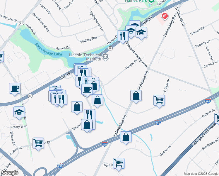 map of restaurants, bars, coffee shops, grocery stores, and more near 308 Harper Drive in Moorestown