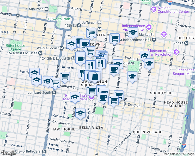 map of restaurants, bars, coffee shops, grocery stores, and more near 306 South 10th Street in Philadelphia
