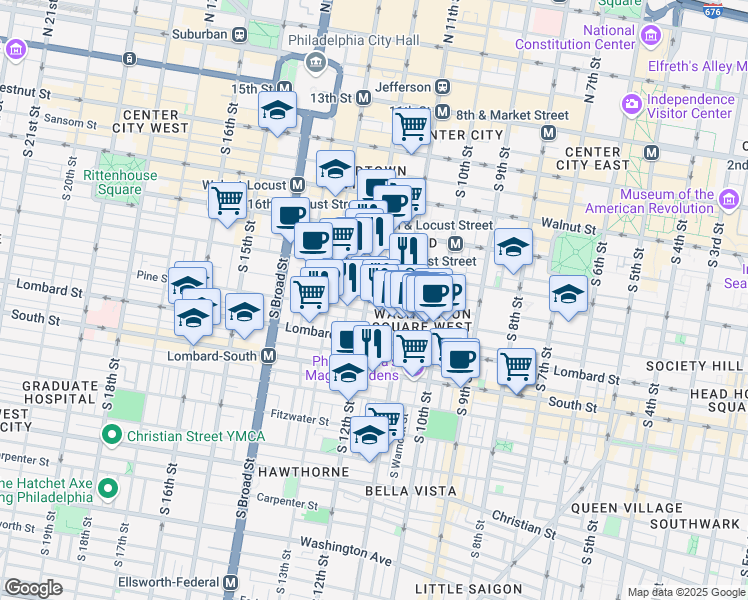 map of restaurants, bars, coffee shops, grocery stores, and more near 331 South 12th Street in Philadelphia