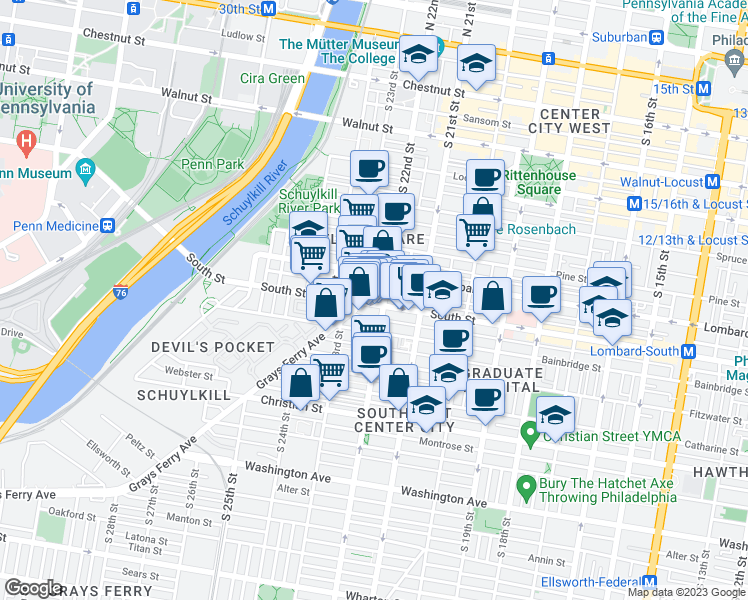 map of restaurants, bars, coffee shops, grocery stores, and more near 2211 South Street in Philadelphia