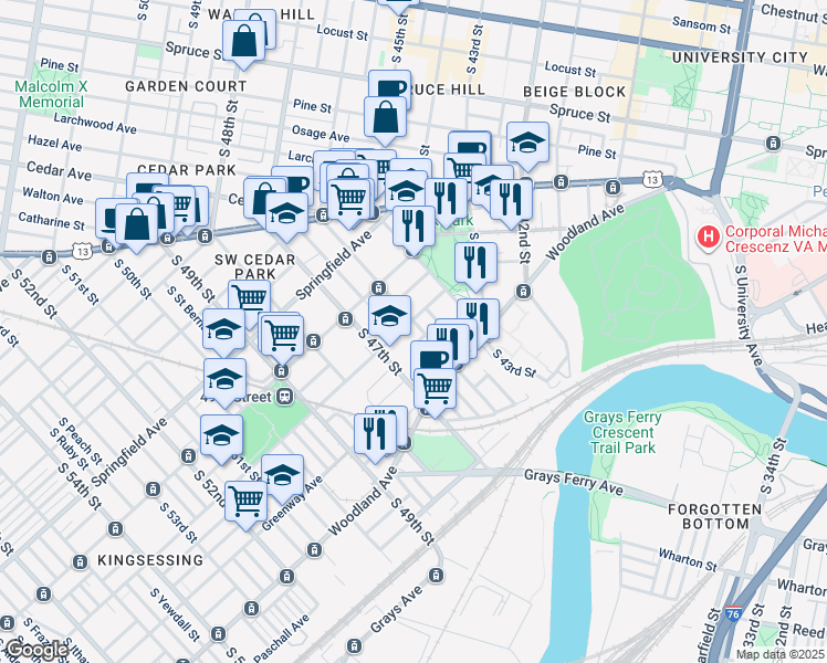 map of restaurants, bars, coffee shops, grocery stores, and more near 4602 Kingsessing Avenue in Philadelphia